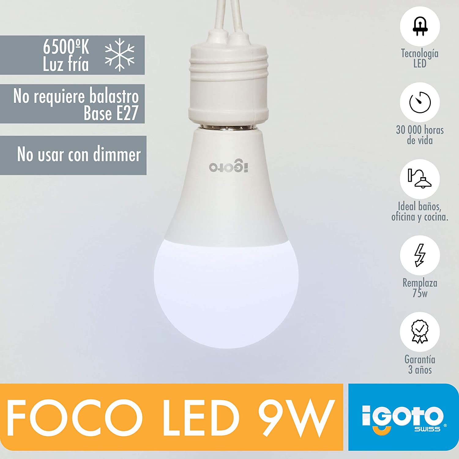 Pack 10 Foco Led A60 9W 6500K Luz Fria Igoto - Ferreabasto