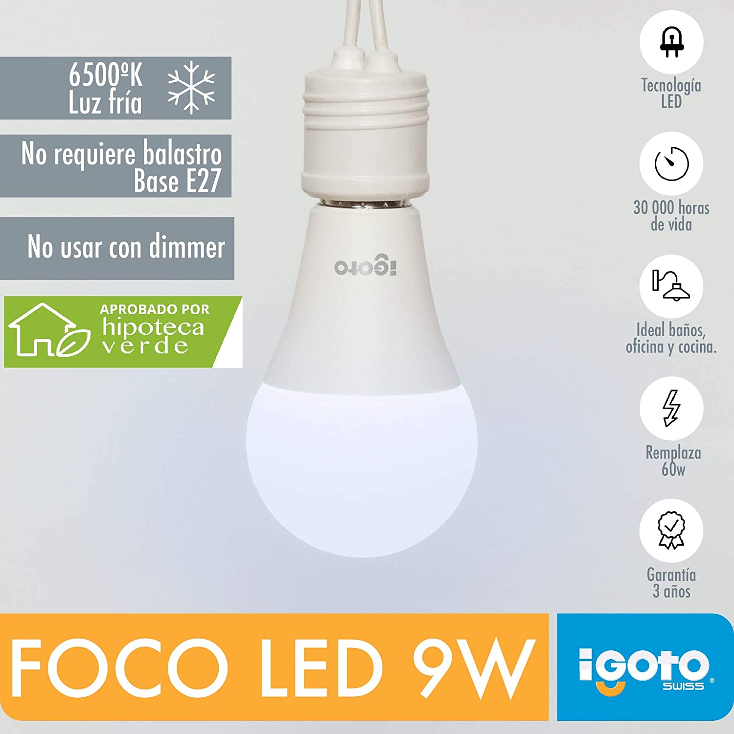 Foco Led A60 9w=60w 6500k Luz Blanca Rosca E27 30000hr Igoto IGOTO Ferreabasto