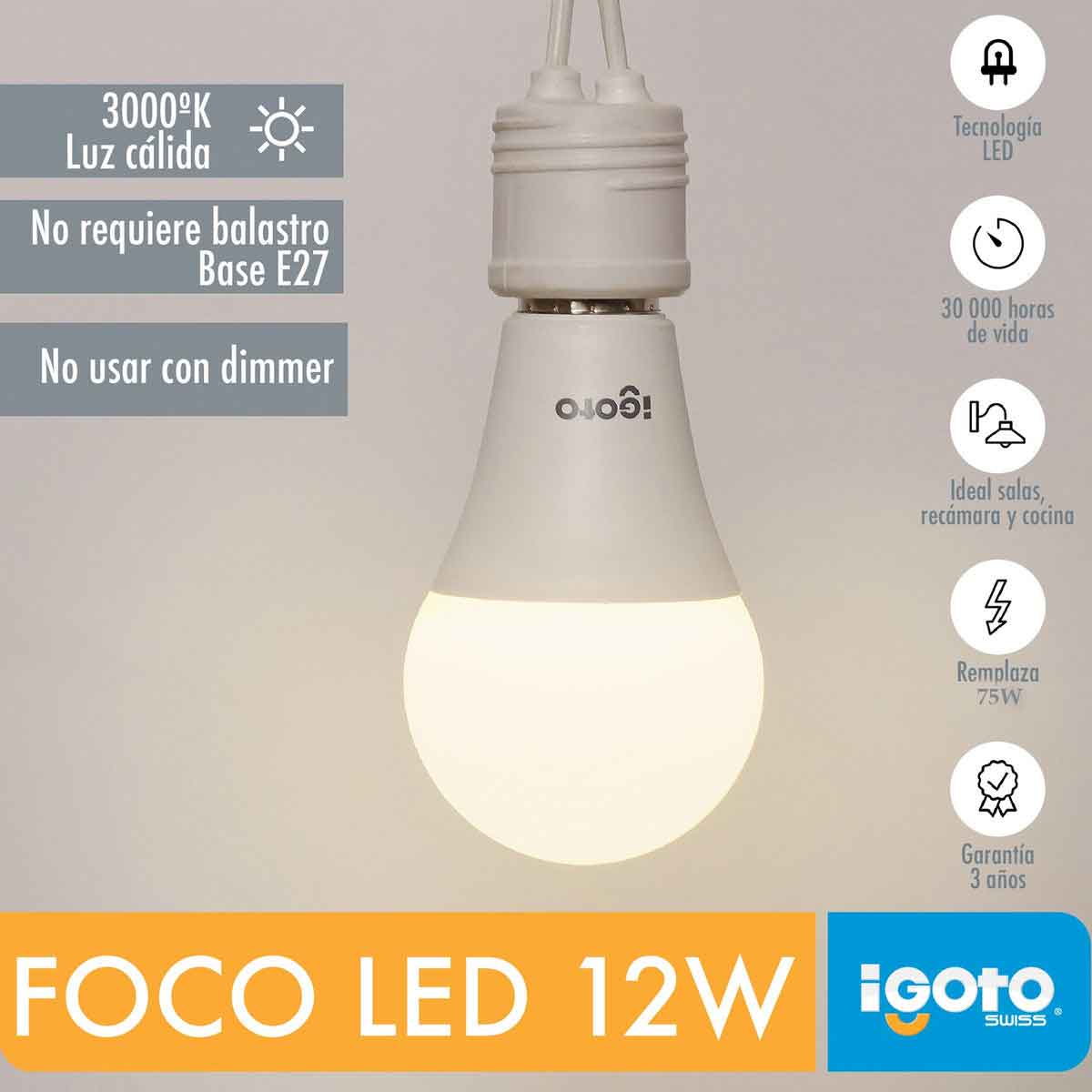 Foco Led A60 12W=75W 3000K Luz Calida Nom Igoto IGOTO Ferreabasto