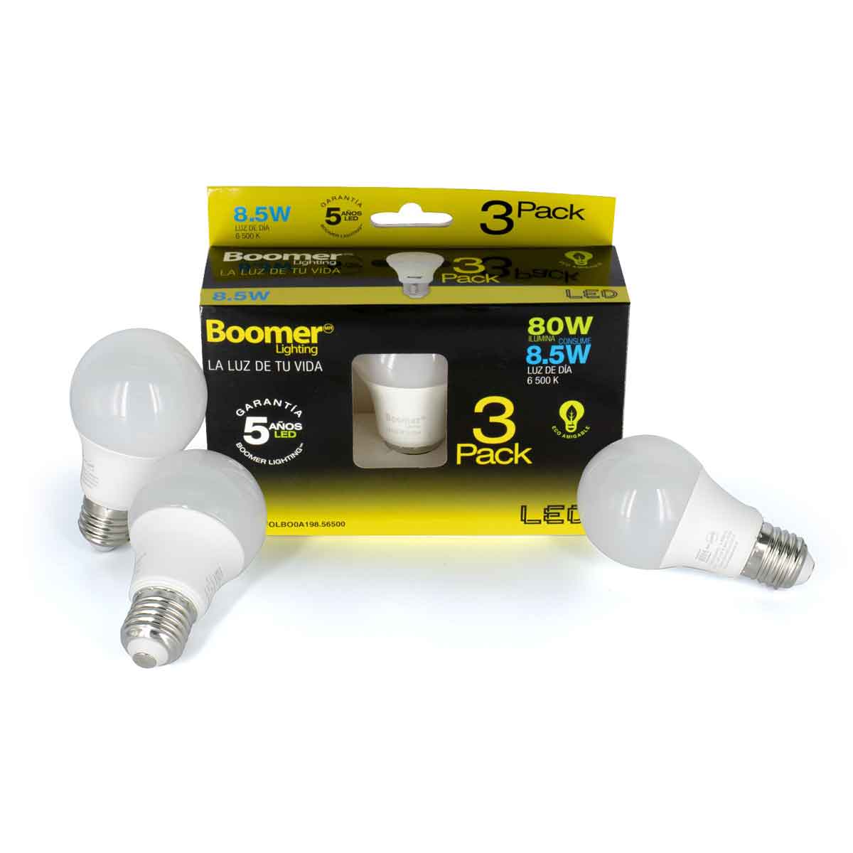 Foco Led A19 Boomer 8.5W High Lumen (850lm) Luz Dia 6500K 3 Piezas - Ferreabasto