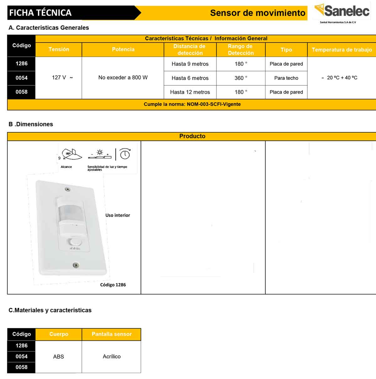 Placa Con Sensor Movimiento 9 Mts Sanelec 1286 Deteccion Luz SANELEC Ferreabasto