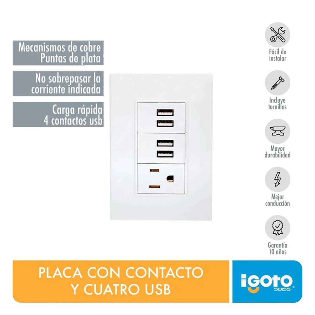 Placa Armada Lugano Igoto PBUSB4-B De 1 Contacto y 4 Entradas USB Blanco IGOTO Ferreabasto