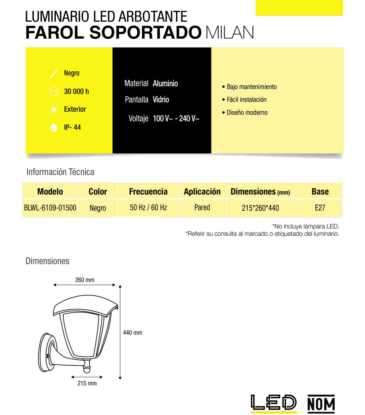 Farol Luminario Arbotante Soportado Boomer Black Milan Para Pared BOOMER Ferreabasto