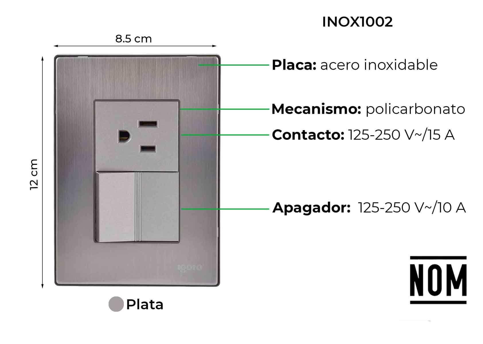 Placa Armada Inox Con Apagador Y Contacto 1.5 Modulos Igoto IGOTO Ferreabasto