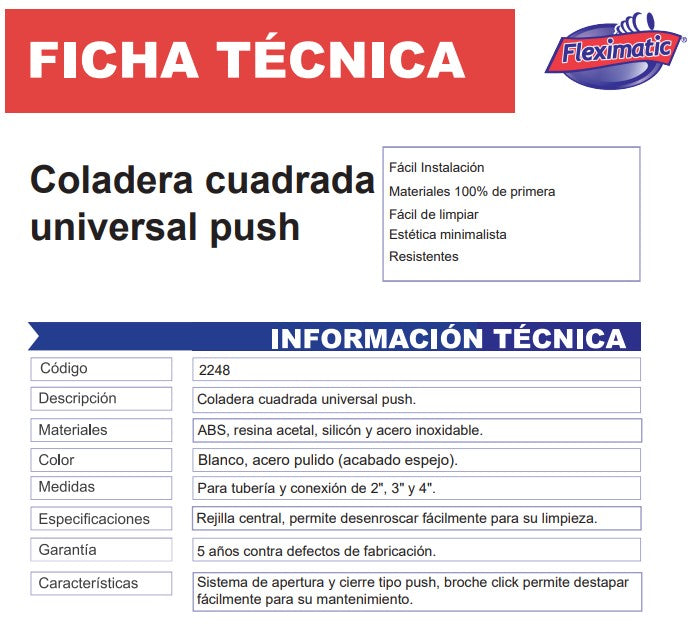 Coladera Acero Inoxidable 2248 Fleximatic Sistema Push FLEXIMATIC Ferreabasto