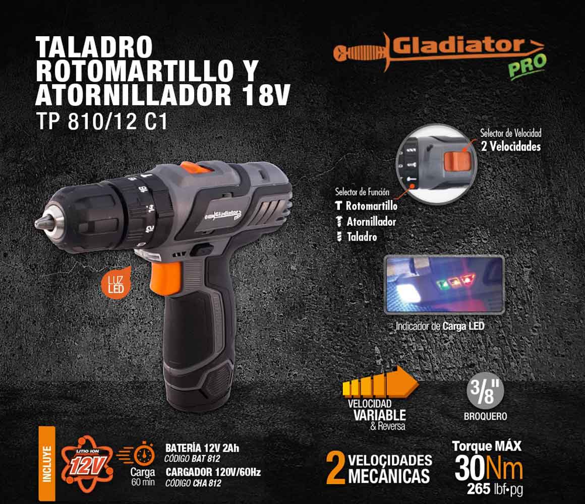 Taladro Rotomartillo Atornillador 3/8&quot; Recargable  Gladiator GLADIATOR Ferreabasto