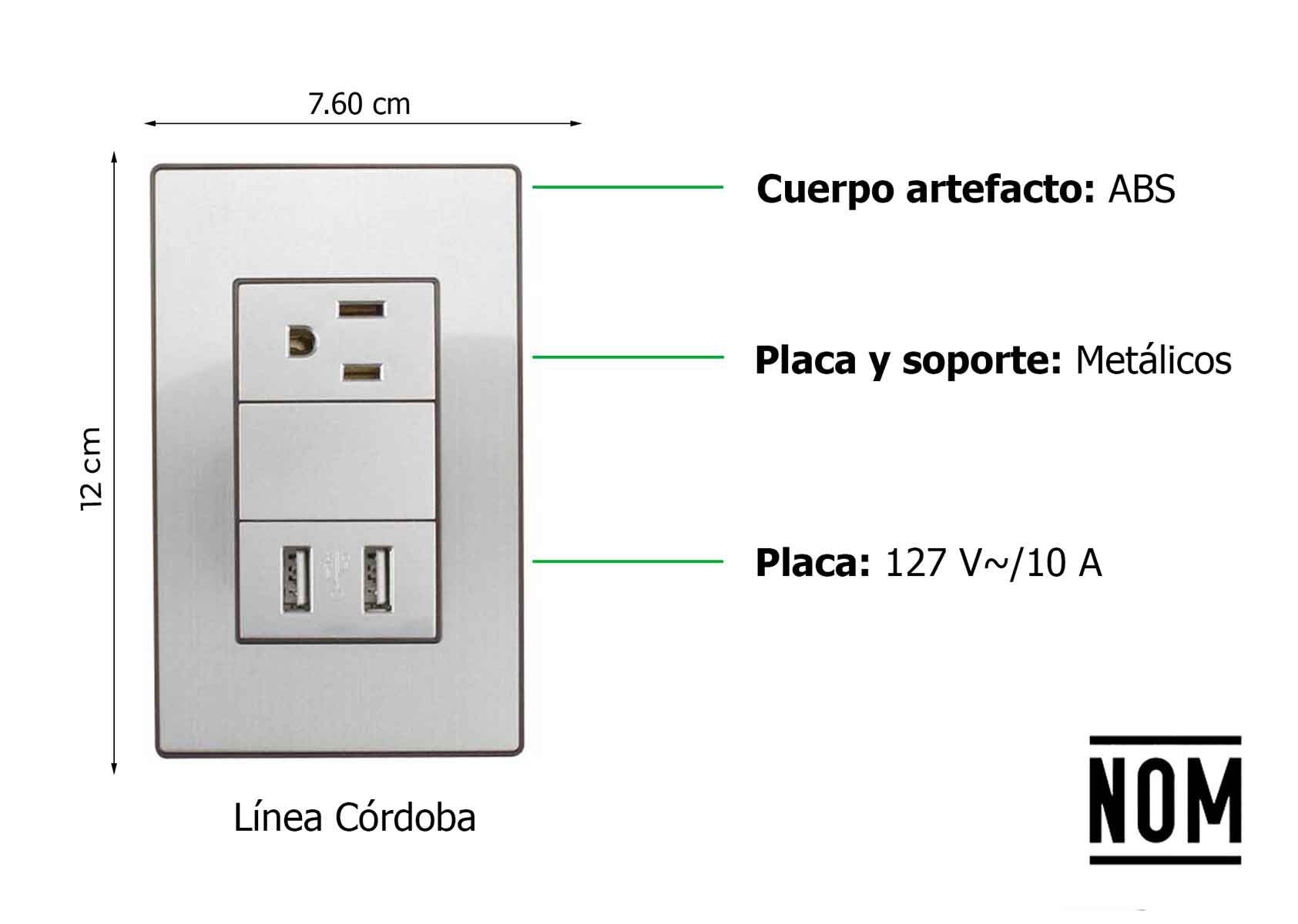 Placa Armada Contacto Aterrizado 2 Entradas USB Sanelec 4639 Cordoba Acero Inoxidable SANELEC Ferreabasto