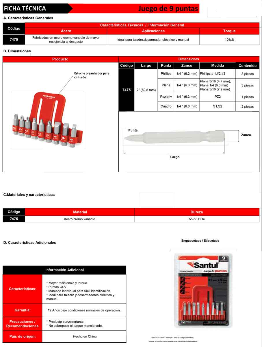 Juego de 9 Puntas 2 Pulgadas Santul 7475 Para Desarmador SANTUL Ferreabasto