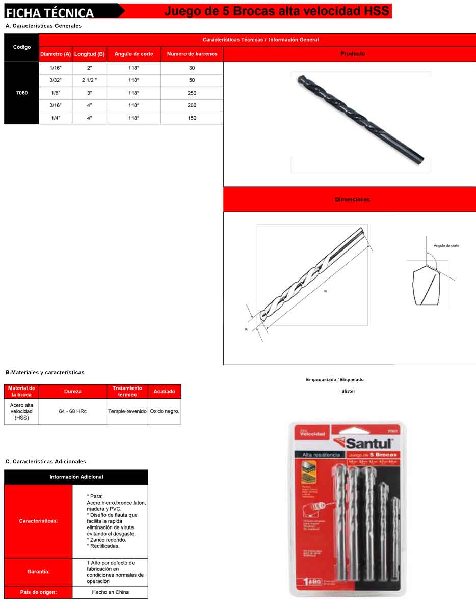 Juego de 5 Piezas Broca Alta Velocidad Santul 7060 SANTUL Ferreabasto