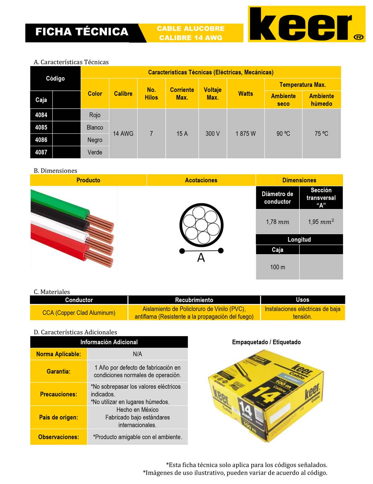 ficha tecnica cable thw calibre 14