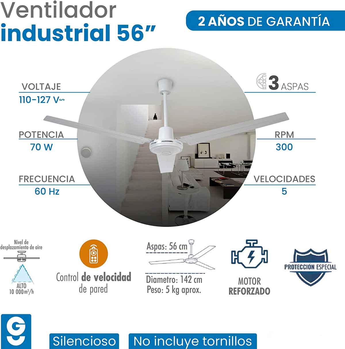 Ventilador De Techo 56 Pulg 70W Industrial Metalico Igoto IGOTO Ferreabasto