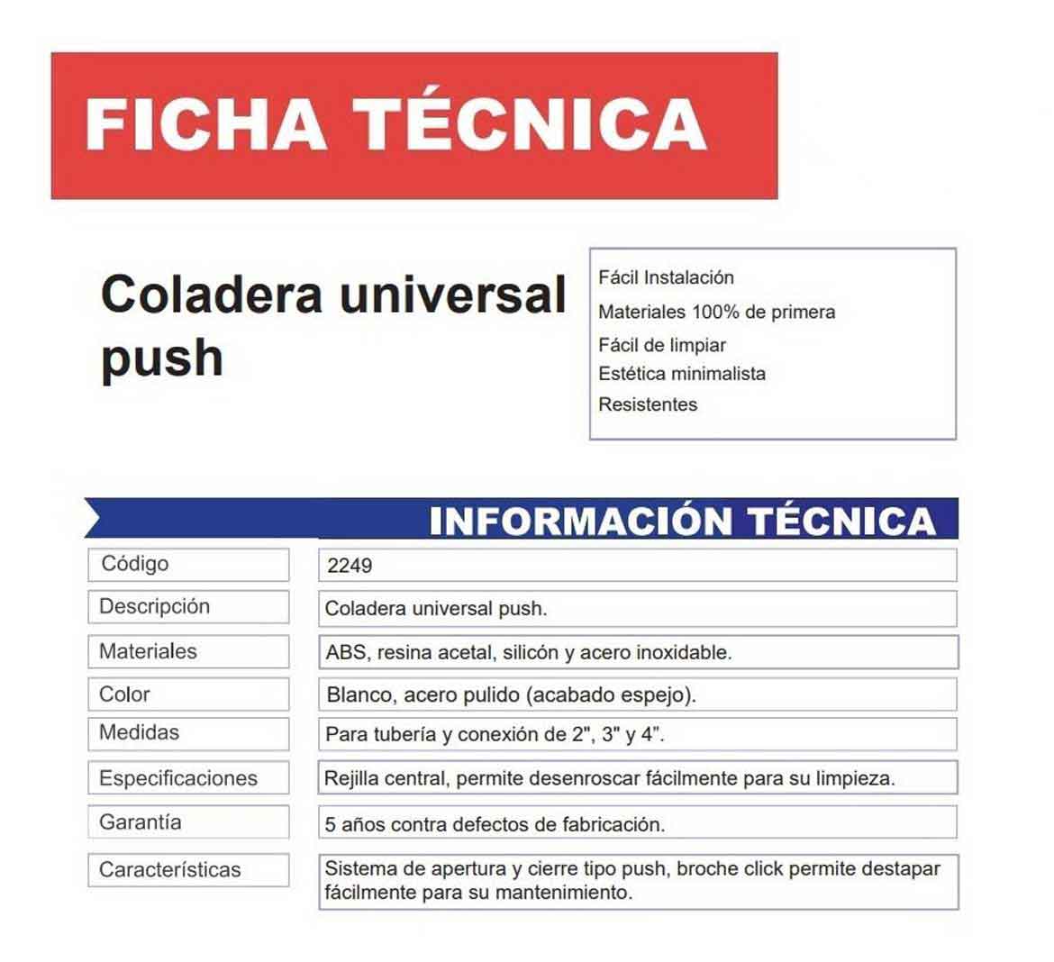 ficha tecnica coladera acero inoxidable