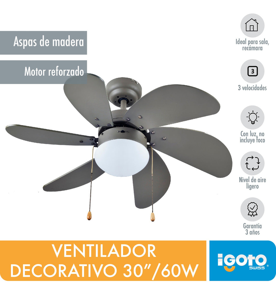 Ventilador De Techo Con Lampara 30" 60w Ventum Gris Igoto – Ferreabasto