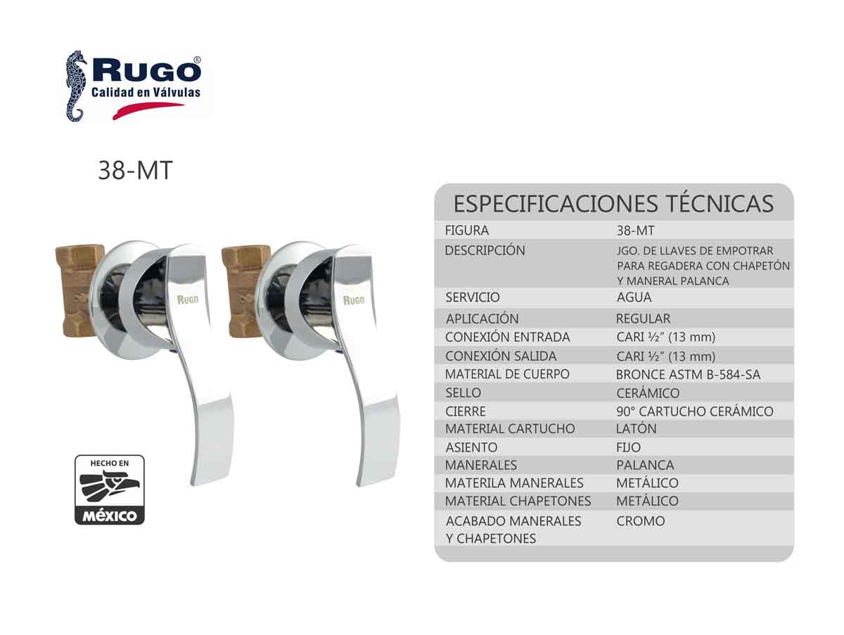 Juego Llave de Empotrar Para Regadera Metalico Rugo 38MT Maneral Palanca Chapeton RUGO Ferreabasto