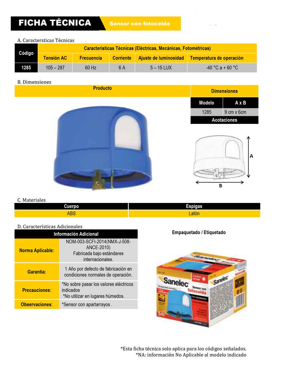 Sensor Con Fotocelda 85V-265V Sanelec 1285 Encendido Automatico SANELEC Ferreabasto