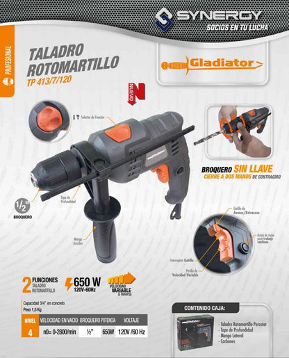 Taladro Rotomartillo 1/2&quot; 650W Velocidad Variable Gladiator GLADIATOR Ferreabasto