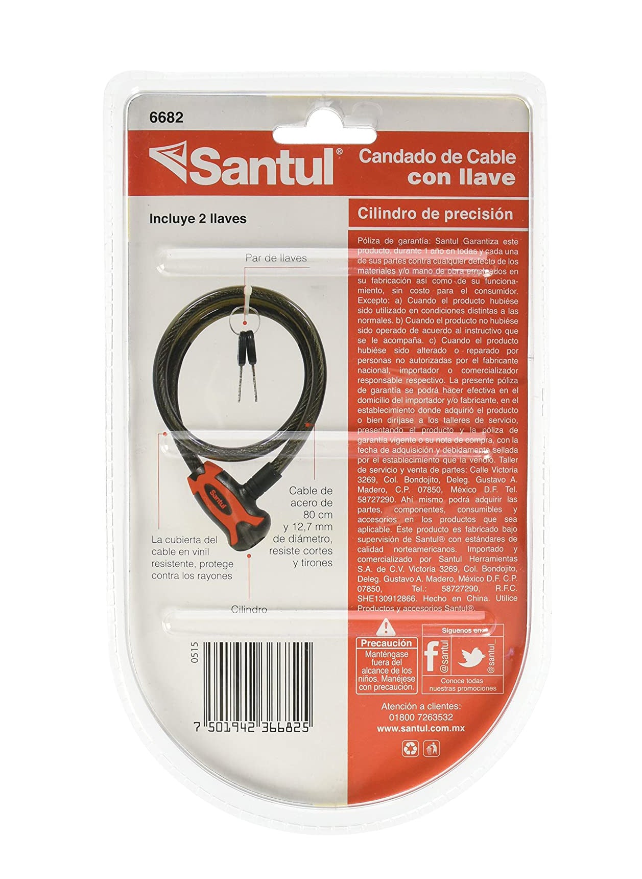 Candado De Cable De Llave Uso Rudo 1/2" 80cm Santul SANTUL Ferreabasto