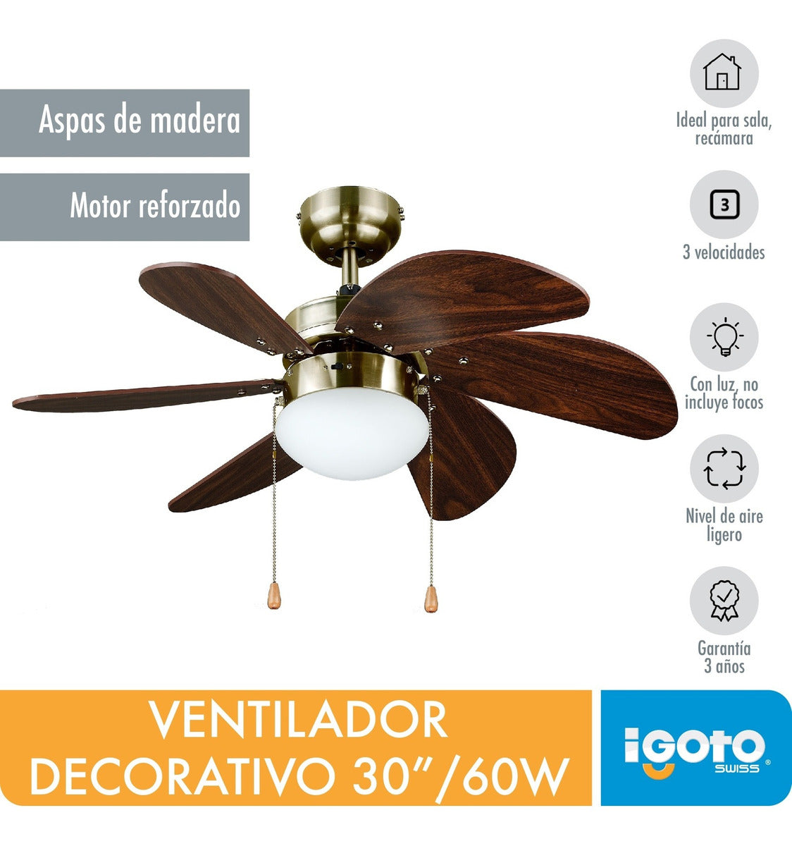 Ventilador De Techo Con Lampara 30" 60w Ventum Madera Igoto - Ferreabasto