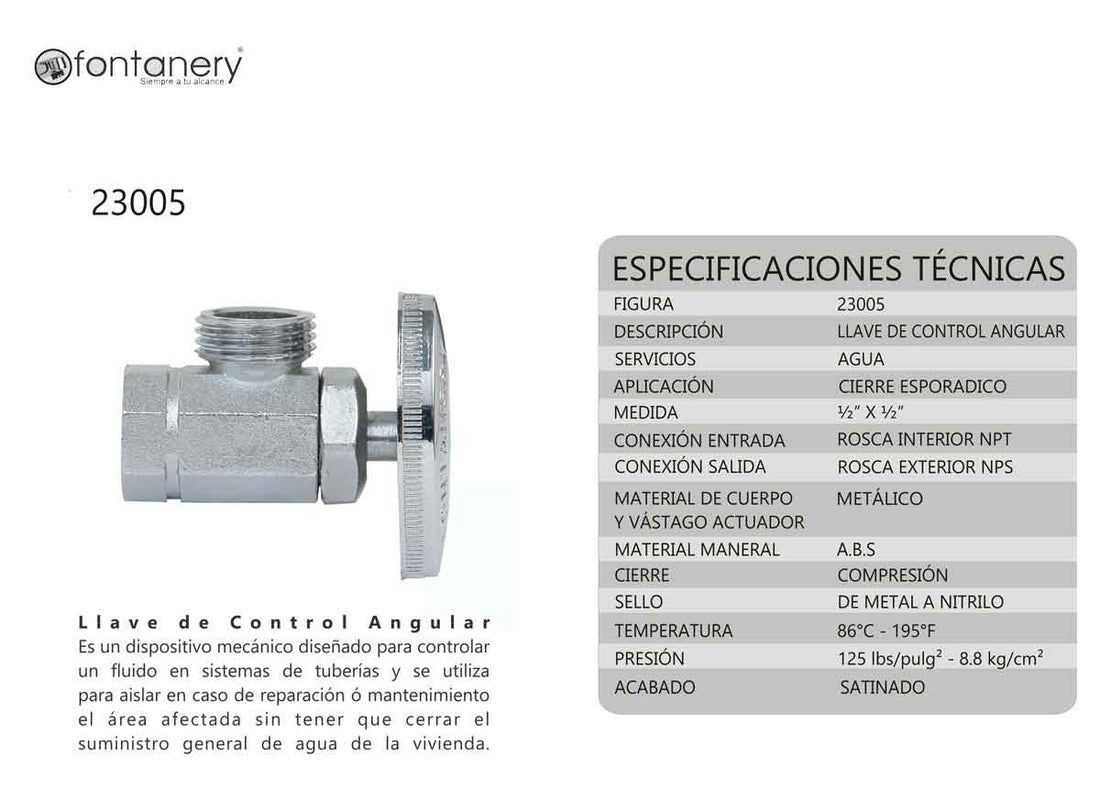 Llave Control Angular Metalica Roscable 1/2&quot; Satinado Fontanery FONTANERY Ferreabasto