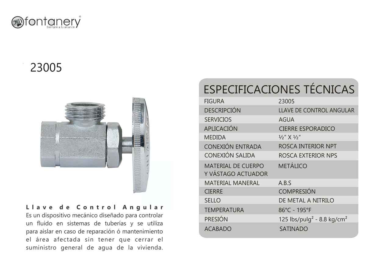 Llave Control Angular Metalica Roscable 1/2" Satinado Fontanery FONTANERY Ferreabasto