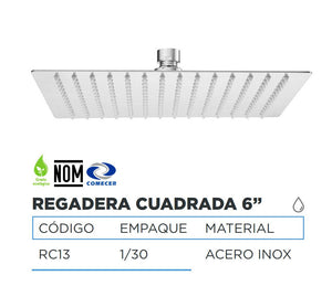 Regadera Cuadrada 6" Acero Inoxidable Deluxe NOM Meer CNX Ferreabasto