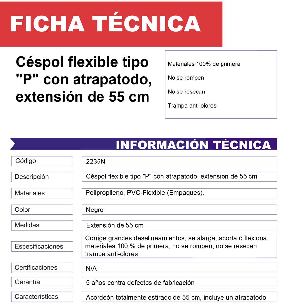 Cespol Flexible Tipo P Fleximatic 2235N Con Atrapatodo Color Negro FLEXIMATIC Ferreabasto
