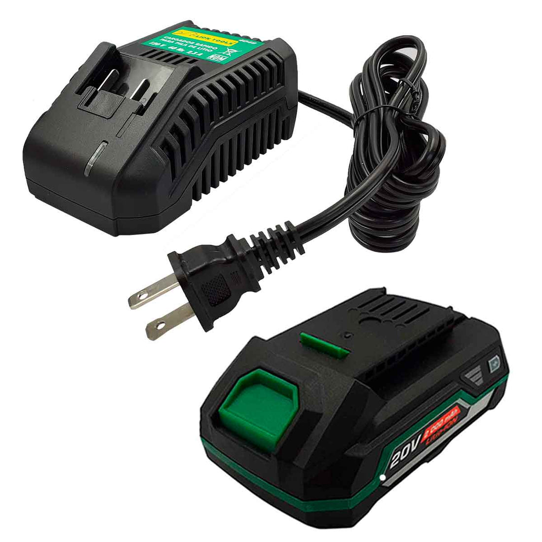 kit de cargador y bateria de litio lion tools negro con verde