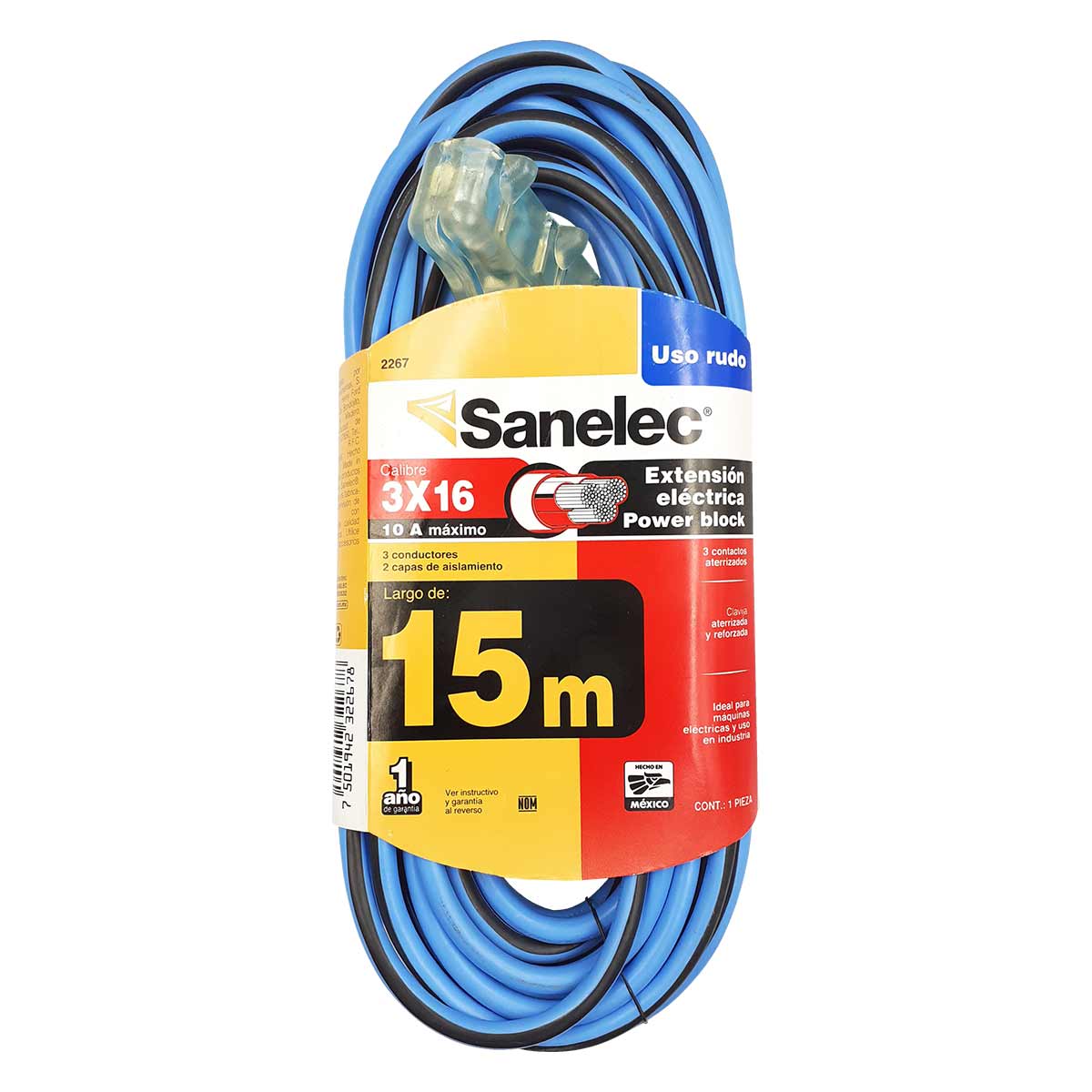 Extension Electrica Uso Rudo 10A 15M 3x16 Sanelec 2267 Con Luz Indicadora SANELEC Ferreabasto