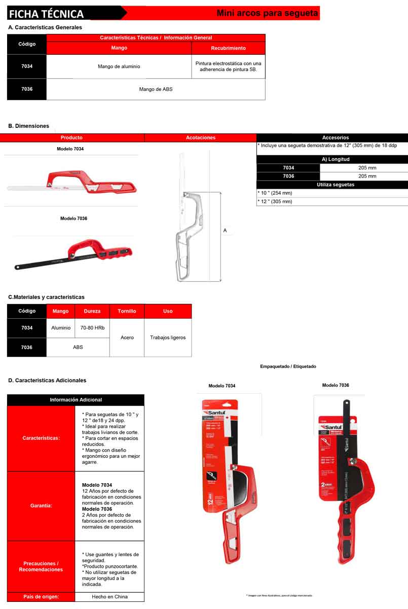 Mini Arco de Aluminio Santul 7034 Mango Ergonomico Para Segueta SANTUL Ferreabasto