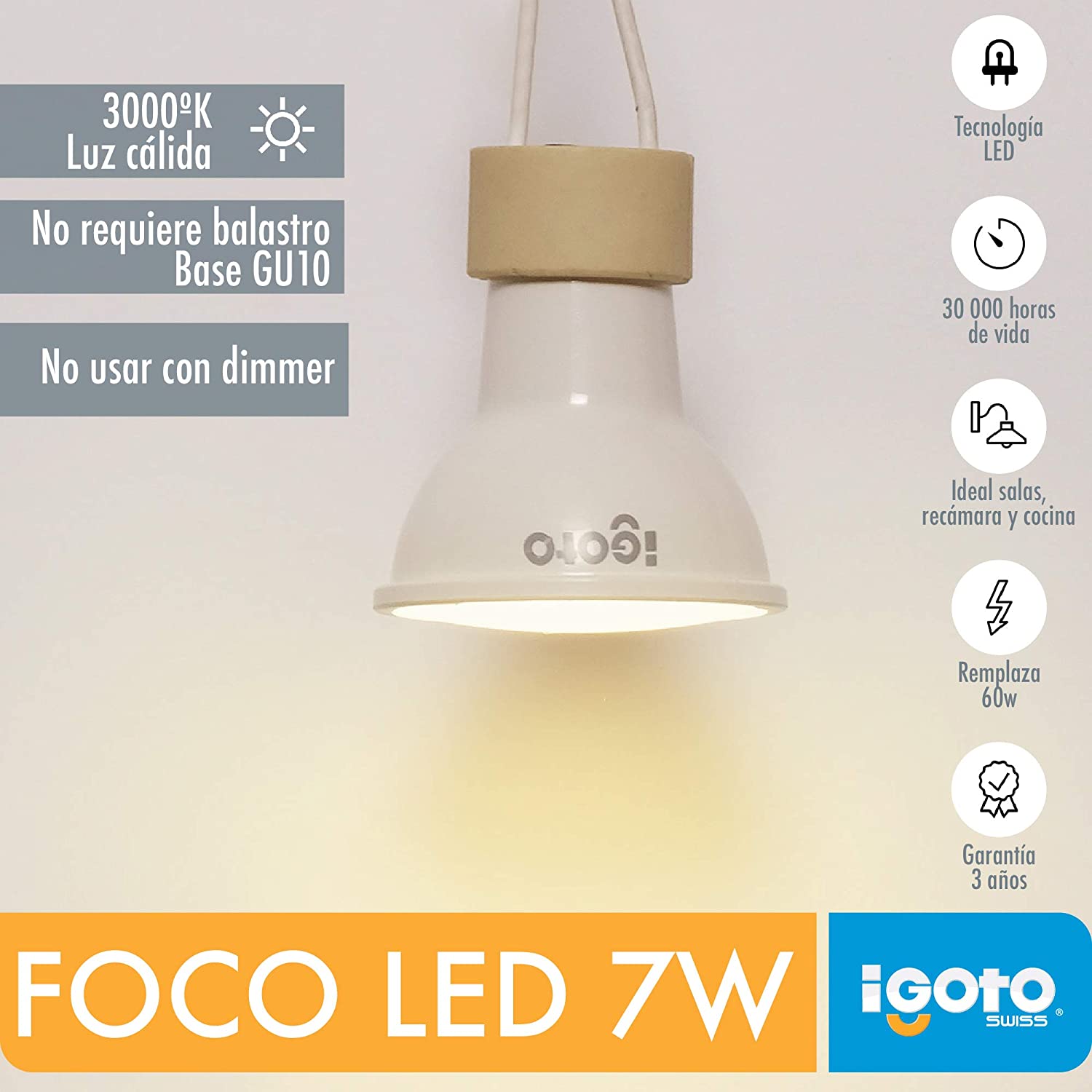 Foco Led Gu10 7W=60W 3000K Luz Calida Nom Igoto IGOTO Ferreabasto