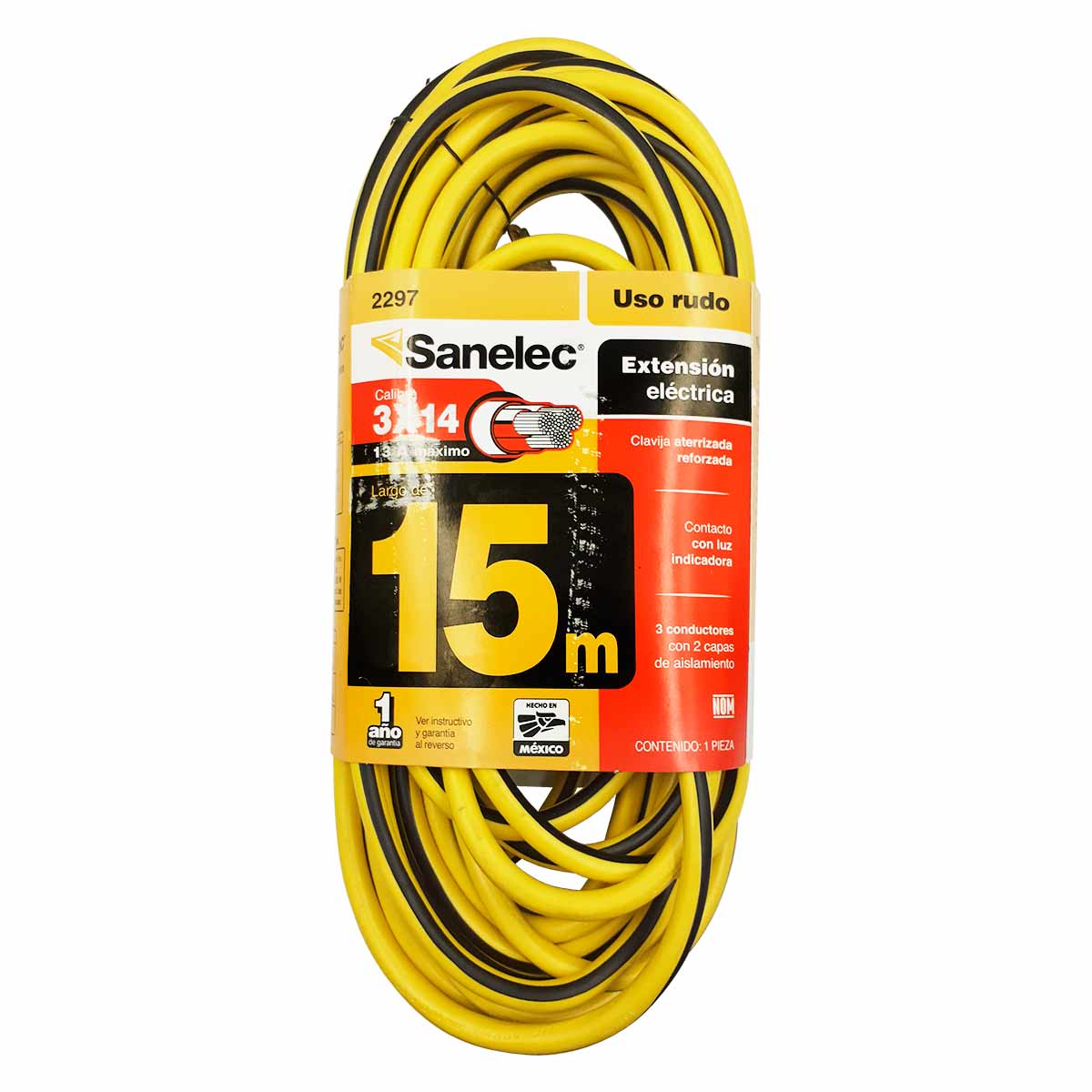 Extension Electrica Uso Rudo 15M 3x14 13A Sanelec 2297 Con Luz Indicadora SANELEC Ferreabasto