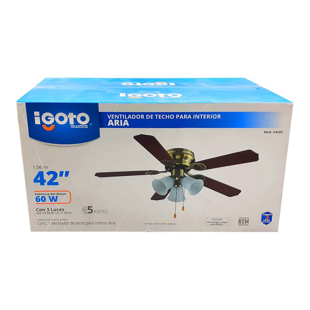 Ventilador De Techo Con Lampara 42 Pulgadas 60w Aria Aspas Madera Igoto IGOTO Ferreabasto