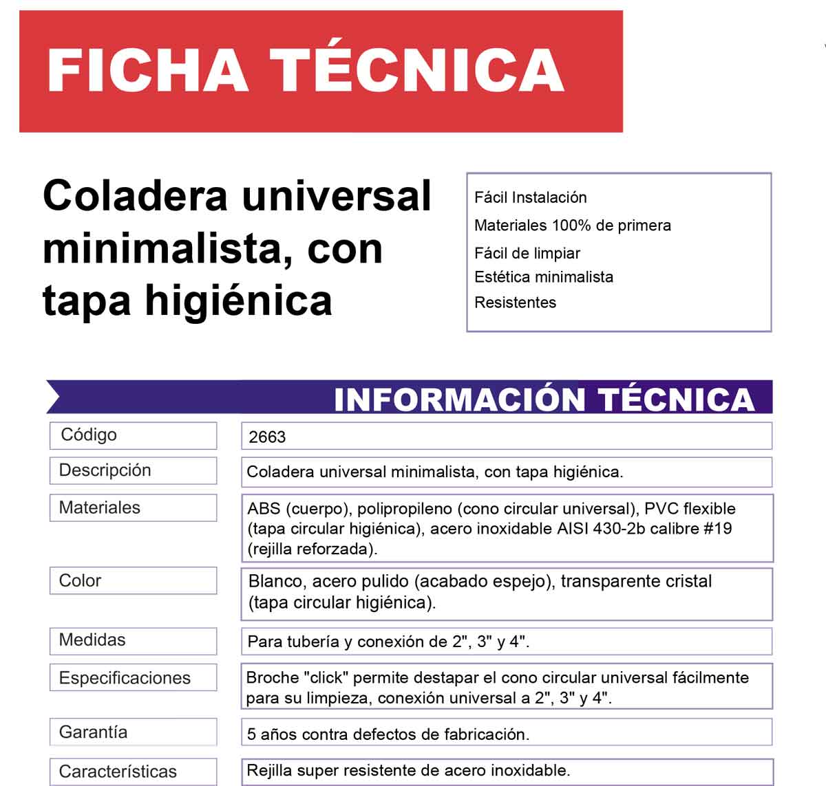 Coladera Universal Con Bisel Fleximatic 2663 Rejilla Acero Inoxidable FLEXIMATIC Ferreabasto