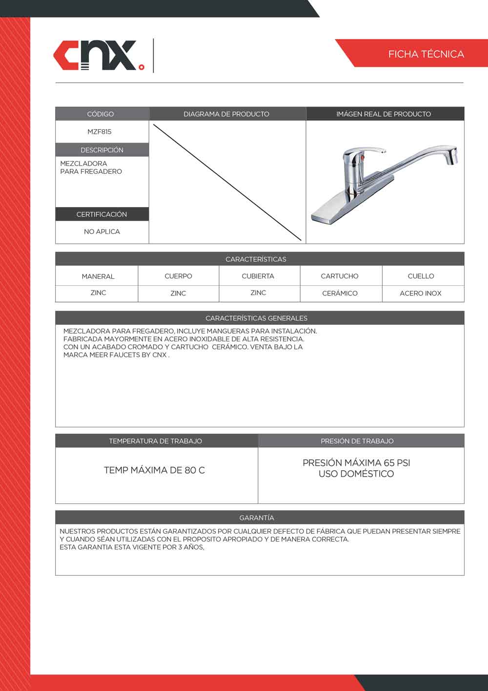 Mezcladora Para Fregadero Monomando Zinc Meer MEER Ferreabasto