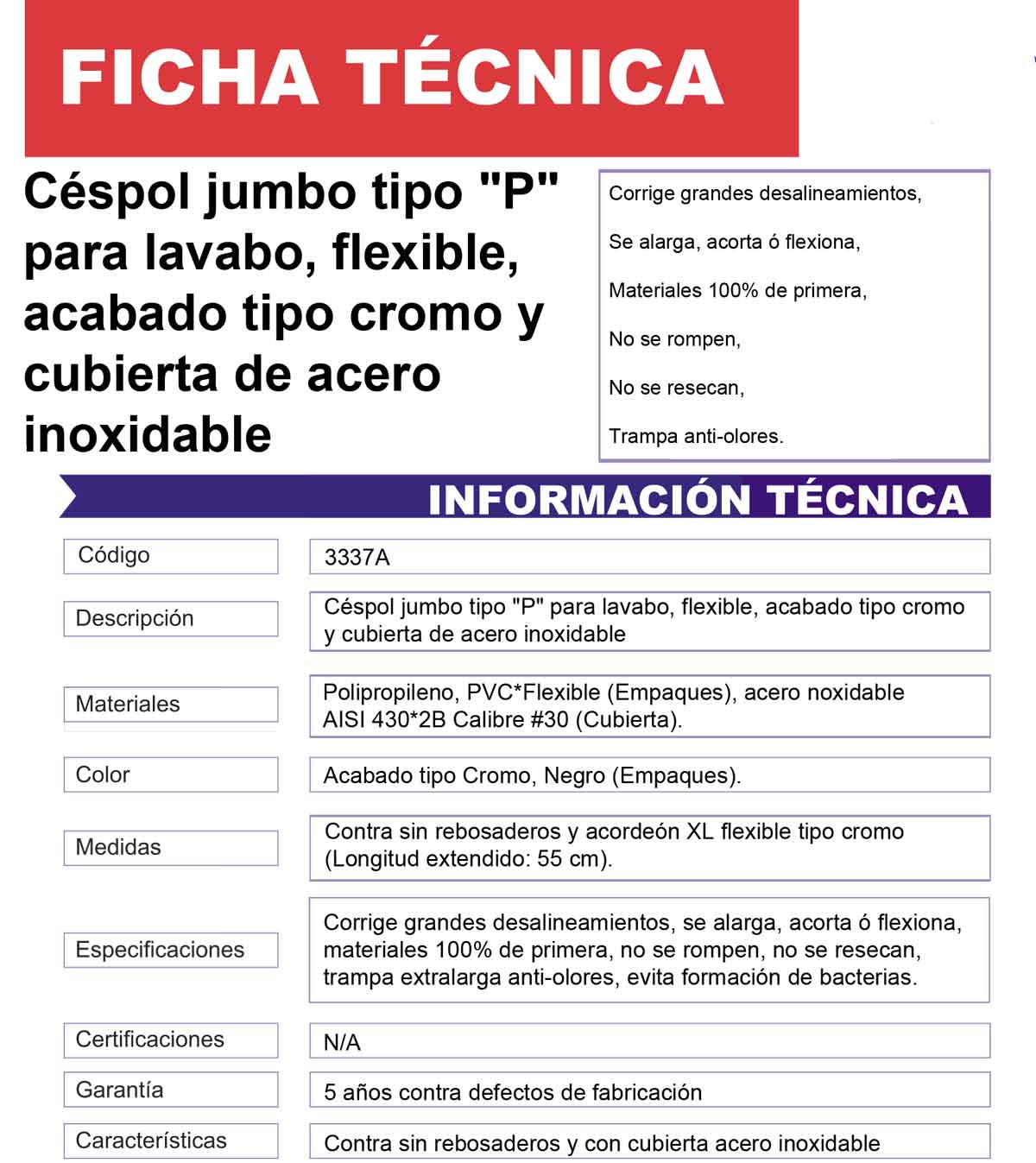 Cespol Flexible Para Lavabo Ovalin Fleximatic 3337A Cubierta Acero Inoxidable FLEXIMATIC Ferreabasto