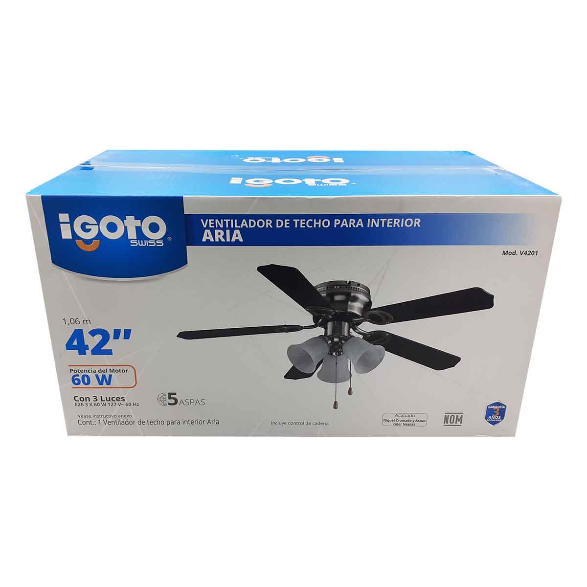 Ventilador De Techo Con Lampara 42 Pulgadas 60w Aria Aspas Negras Igoto IGOTO Ferreabasto