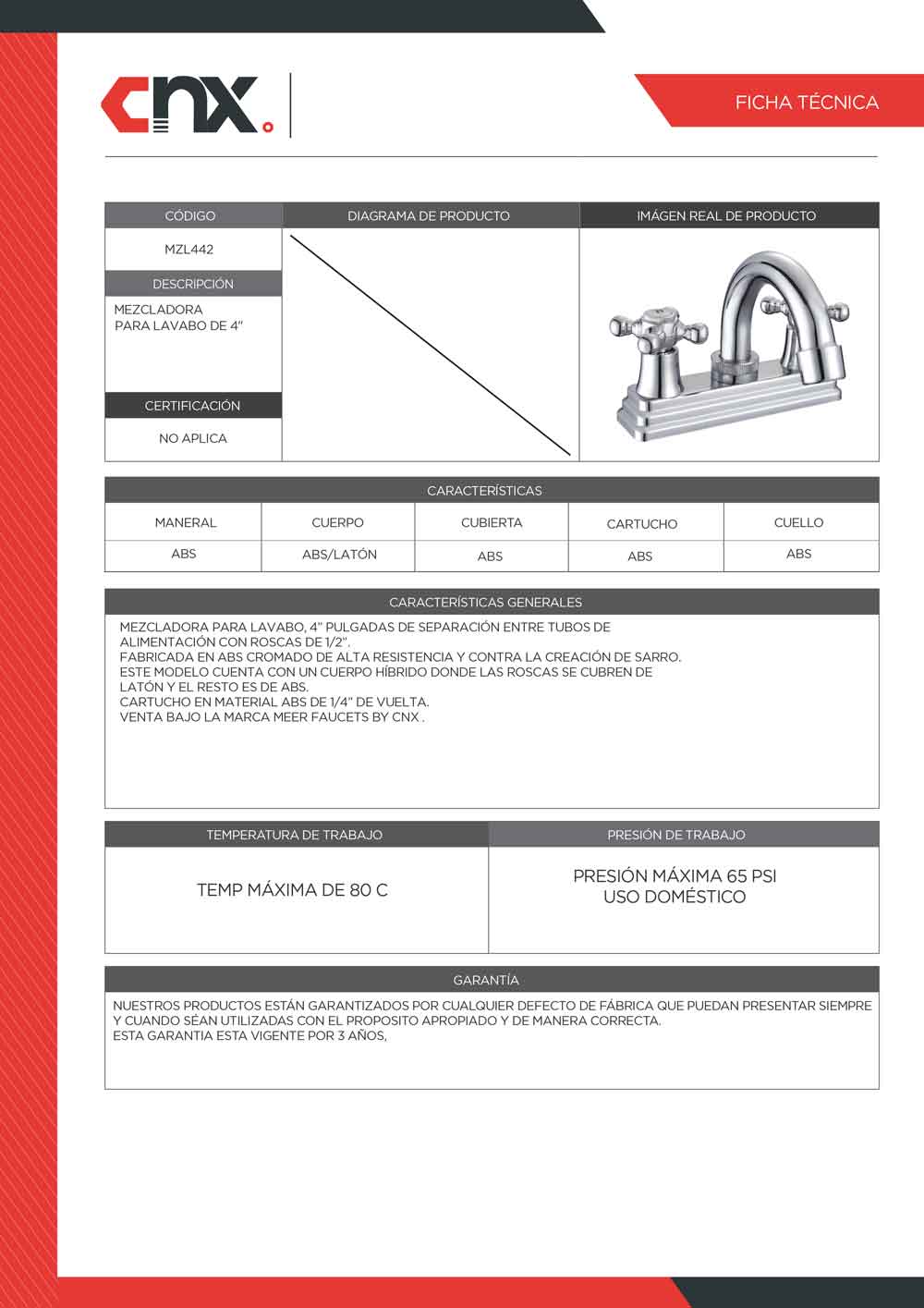 Mezcladora Para Lavabo 1/4 De Vuelta Abs/Laton Cnx MEER Ferreabasto