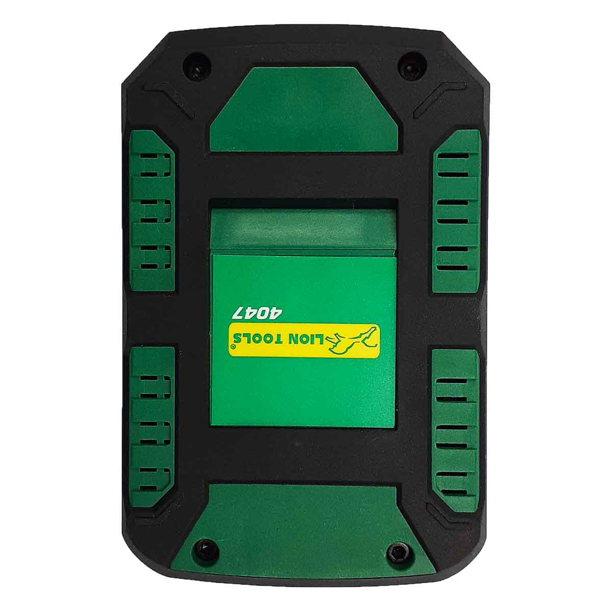 parte trasera bateria recargable de litio negro con verde lion tools