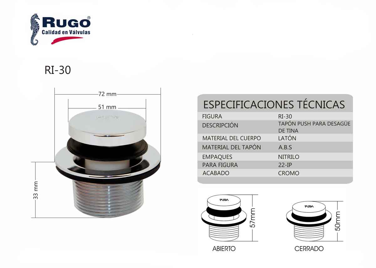 Tapon Control Cromado Para Desagüe De Tina 22ip Rugo RUGO Ferreabasto