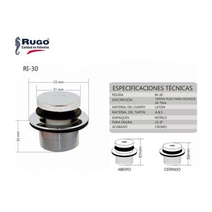 Tapon Control Cromado Para Desagüe De Tina 22ip Rugo