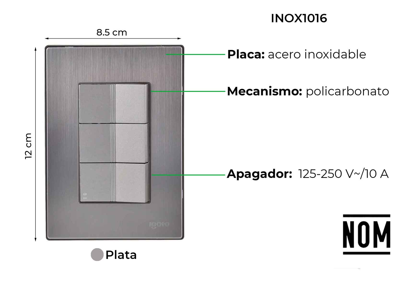 Placa Armada Inoxidable Con 2 Apagadores Sencillos Y 1 Apagador Escalera De Un Modulo Igoto IGOTO Ferreabasto