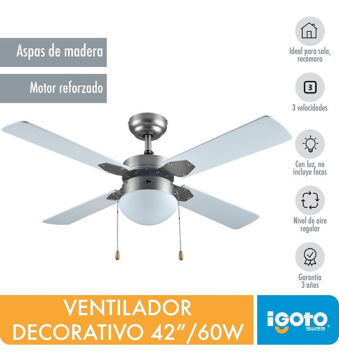 Ventilador De Techo Con Lampara 42" 60w Brezza Blanco Igoto - Ferreabasto