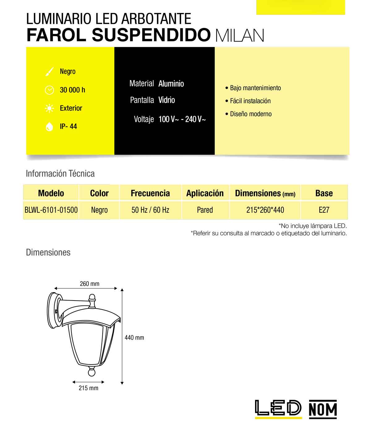 Farol Luminario Arbotante Suspendido Boomer Black Milan Para Pared BOOMER Ferreabasto