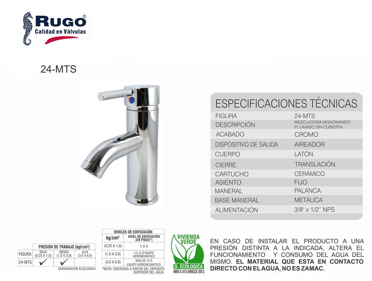 Llave Mezcladora Monomando Para Lavabo Rugo 24mts RUGO Ferreabasto