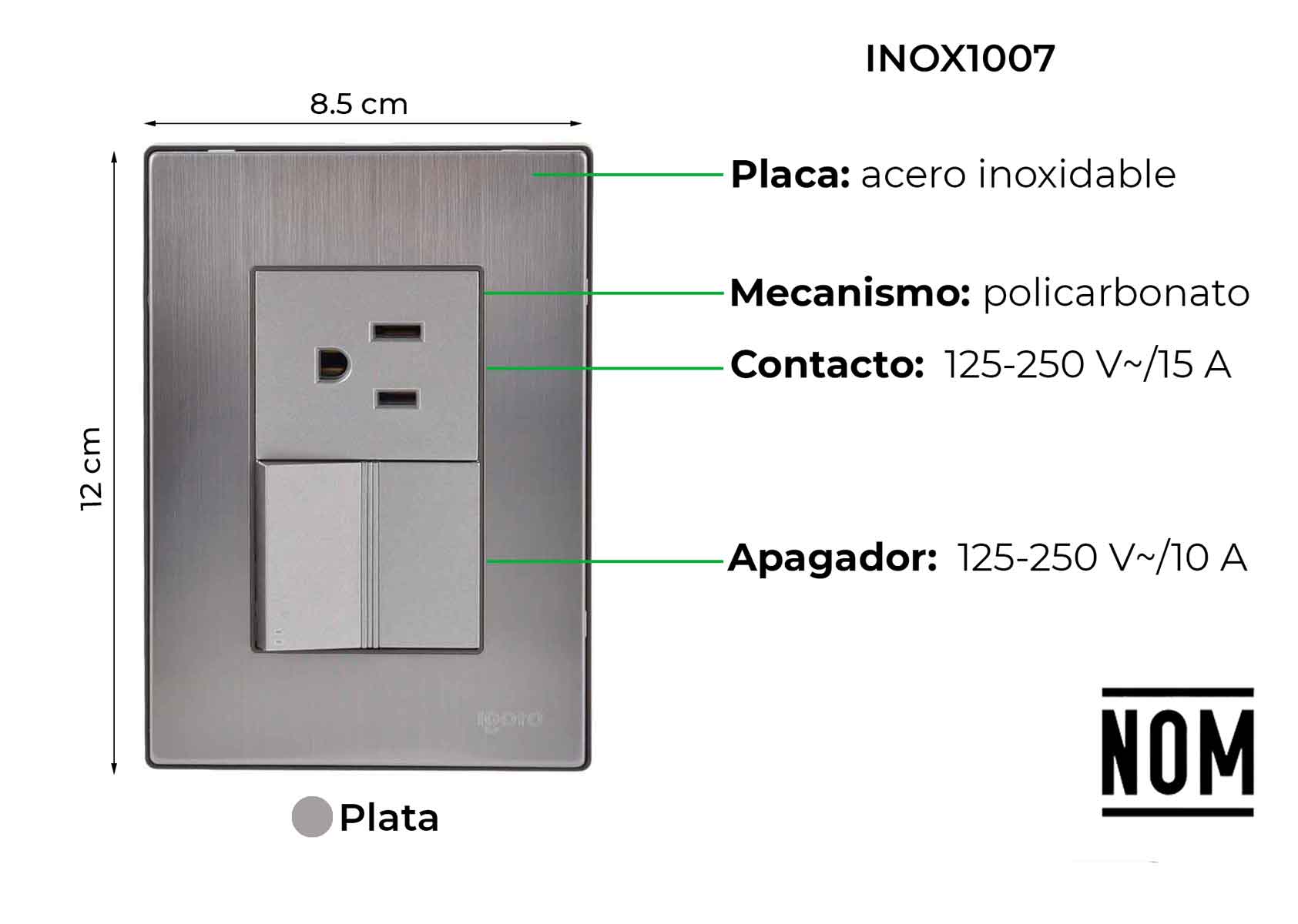 Placa Armada Inoxidable Con 1 Apagador Escalera Y 1 Contacto De 1.5 Modulos Igoto IGOTO Ferreabasto