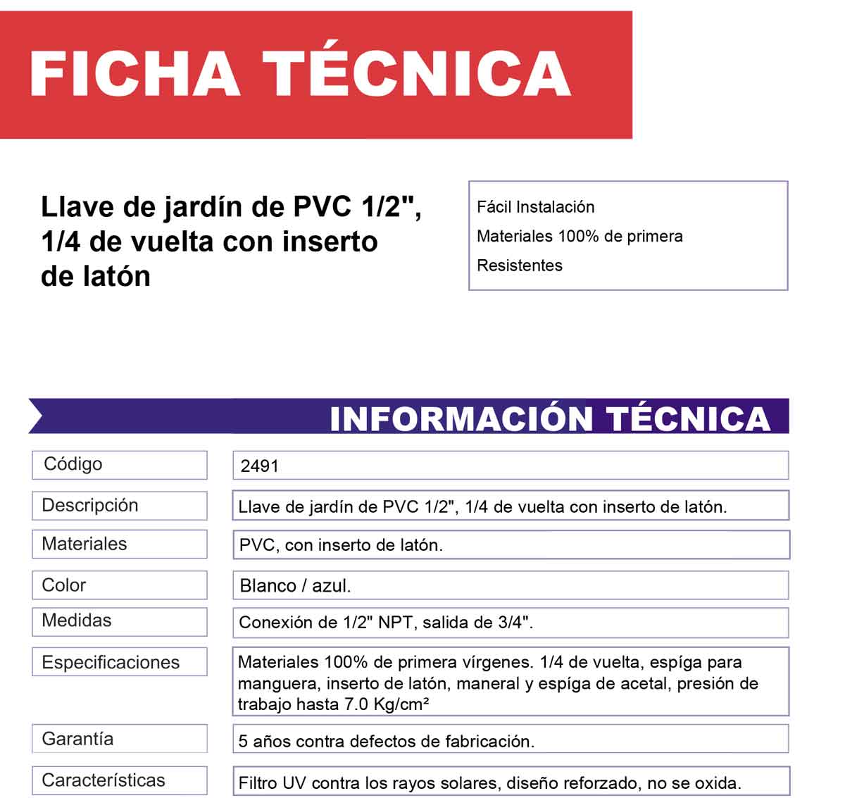 ficha tecnica de llave de jardin especificaciones