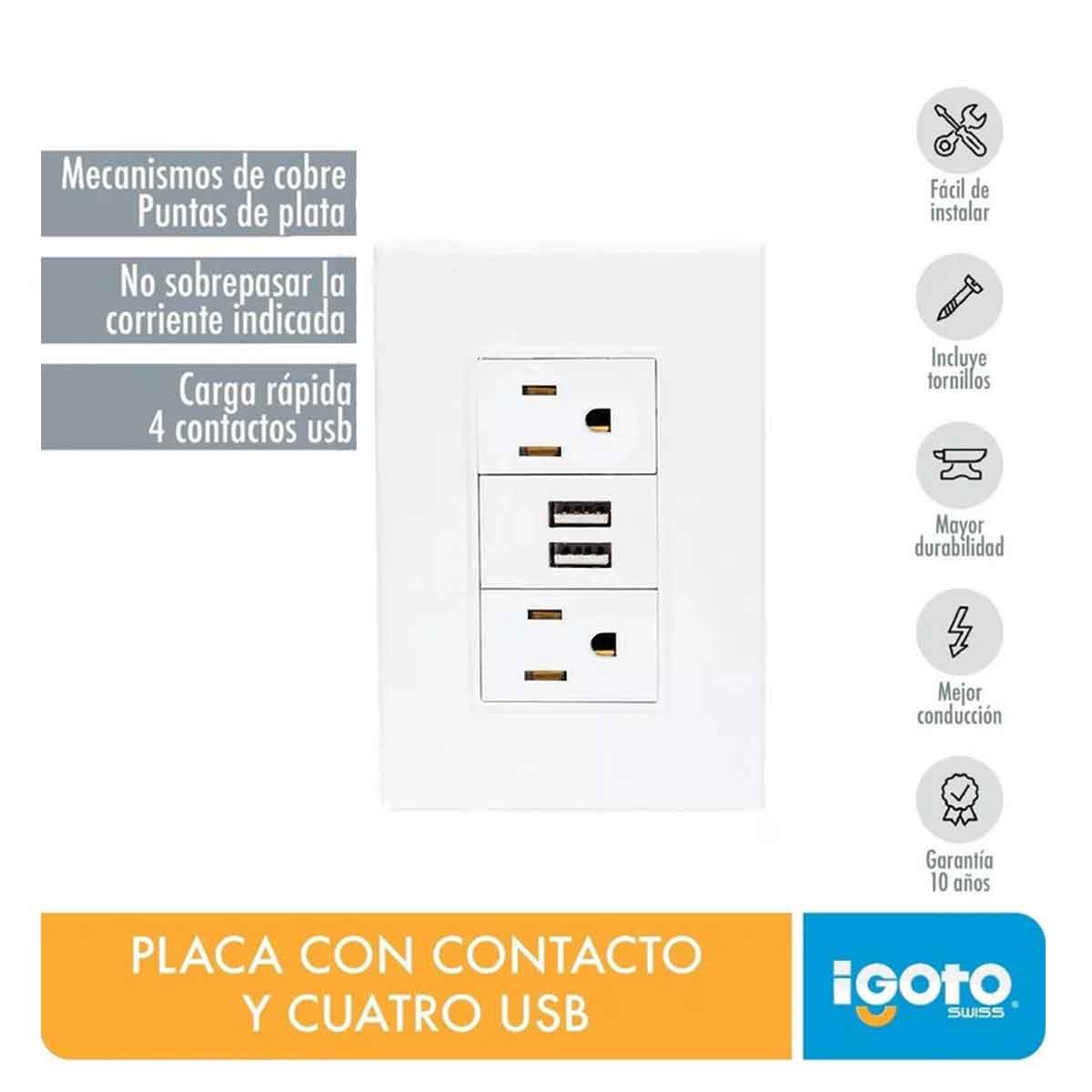 Placa Armada Lugano Igoto PBUSB2-B De 2 Contactos y 2 Entradas USB Blanco IGOTO Ferreabasto